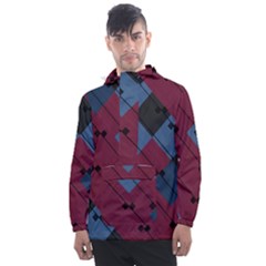 Burgundy Black Blue Abstract Check Pattern Men s Front Pocket Pullover Windbreaker by SpinnyChairDesigns