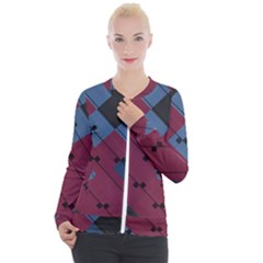 Burgundy Black Blue Abstract Check Pattern Casual Zip Up Jacket by SpinnyChairDesigns