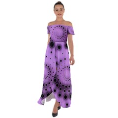 Abstract Black Purple Polka Dot Swirl Off Shoulder Open Front Chiffon Dress by SpinnyChairDesigns