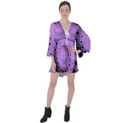 Abstract Black Purple Polka Dot Swirl V-neck Flare Sleeve Mini Dress by SpinnyChairDesigns
