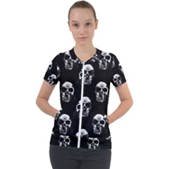 Black And White Skulls Short Sleeve Zip Up Jacket by SpinnyChairDesigns