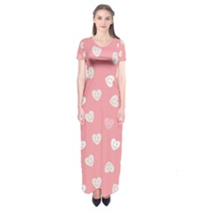 Cute Pink And White Hearts Short Sleeve Maxi Dress by SpinnyChairDesigns