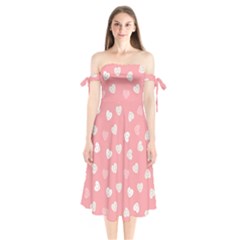 Cute Pink And White Hearts Shoulder Tie Bardot Midi Dress by SpinnyChairDesigns