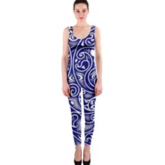 Blue White Paisley Intricate Swirls One Piece Catsuit by SpinnyChairDesigns