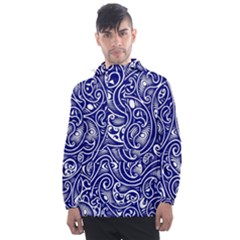 Blue White Paisley Intricate Swirls Men s Front Pocket Pullover Windbreaker by SpinnyChairDesigns