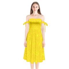 Bright Yellow Gold Paisley Pattern Shoulder Tie Bardot Midi Dress by SpinnyChairDesigns