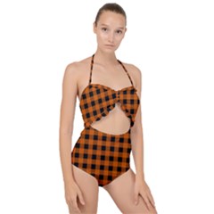 Orange Black Buffalo Plaid Scallop Top Cut Out Swimsuit by SpinnyChairDesigns