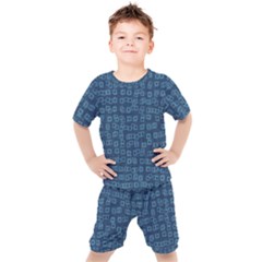Blue Abstract Checks Pattern Kids  Tee And Shorts Set by SpinnyChairDesigns