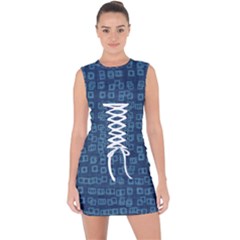 Blue Abstract Checks Pattern Lace Up Front Bodycon Dress by SpinnyChairDesigns