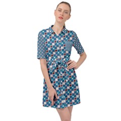 Country Blue Checks Pattern Belted Shirt Dress by SpinnyChairDesigns