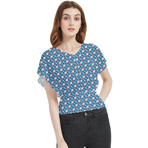 Country Blue Checks Pattern Butterfly Chiffon Blouse by SpinnyChairDesigns