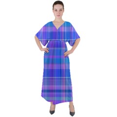 Madras Plaid Blue Purple V-neck Boho Style Maxi Dress by SpinnyChairDesigns