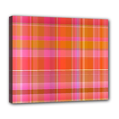Pink Orange Madras Plaid Deluxe Canvas 24  X 20  (stretched) by SpinnyChairDesigns