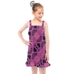 Fuchsia Black Abstract Checkered Stripes  Kids  Overall Dress by SpinnyChairDesigns
