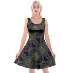 Grey Green Black Abstract Checkered Stripes Reversible Velvet Sleeveless Dress by SpinnyChairDesigns