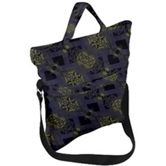 Grey Green Black Abstract Checkered Stripes Fold Over Handle Tote Bag by SpinnyChairDesigns