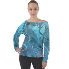 Blue Marble Abstract Art Off Shoulder Long Sleeve Velour Top by SpinnyChairDesigns