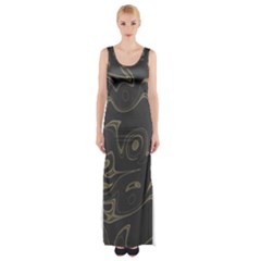 Taupe Umber Abstract Art Swirls Thigh Split Maxi Dress by SpinnyChairDesigns