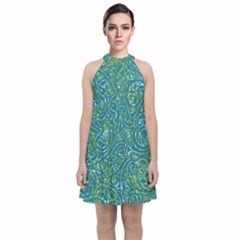 Abstract Blue Green Jungle Paisley Velvet Halter Neckline Dress  by SpinnyChairDesigns