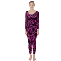 Hot Pink And Black Paisley Swirls Long Sleeve Catsuit by SpinnyChairDesigns