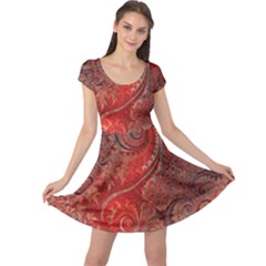 Scarlet Red Grey Brown Swirls Spirals Cap Sleeve Dress by SpinnyChairDesigns