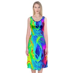 Abstract Art Tie Dye Rainbow Midi Sleeveless Dress by SpinnyChairDesigns