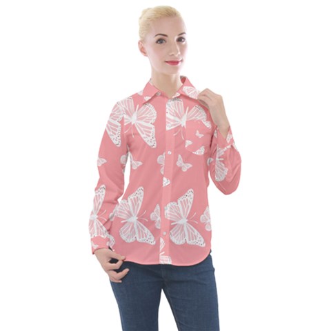 Pink And White Butterflies Women s Long Sleeve Pocket Shirt by SpinnyChairDesigns