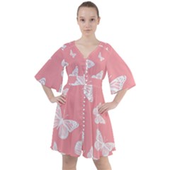 Pink And White Butterflies Boho Button Up Dress by SpinnyChairDesigns