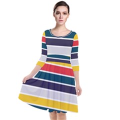Horizontal Colored Stripes Quarter Sleeve Waist Band Dress by tmsartbazaar