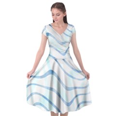 Faded Denim Blue Abstract Stripes On White Cap Sleeve Wrap Front Dress by SpinnyChairDesigns