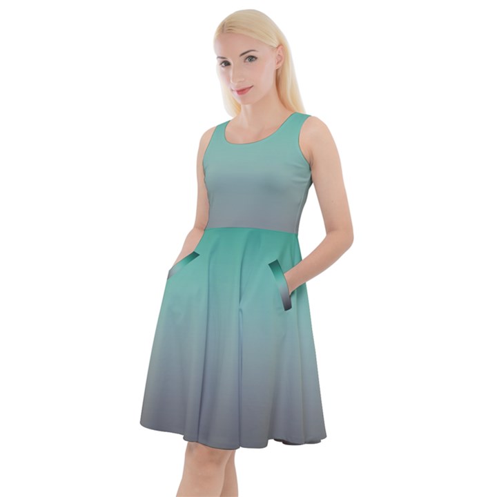 Teal Green and Grey Gradient Ombre Color Knee Length Skater Dress With Pockets
