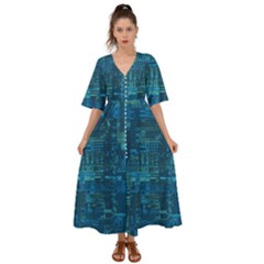 Blue Green Abstract Art Geometric Pattern Kimono Sleeve Boho Dress by SpinnyChairDesigns