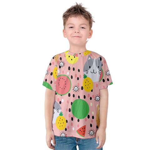 Cats And Fruits  Kids  Cotton Tee by Sobalvarro