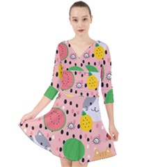 Cats And Fruits  Quarter Sleeve Front Wrap Dress by Sobalvarro