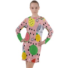 Cats And Fruits  Long Sleeve Hoodie Dress by Sobalvarro