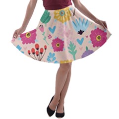 Tekstura-fon-tsvety-berries-flowers-pattern-seamless A-line Skater Skirt by Sobalvarro
