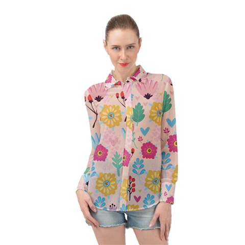 Tekstura-fon-tsvety-berries-flowers-pattern-seamless Long Sleeve Chiffon Shirt by Sobalvarro