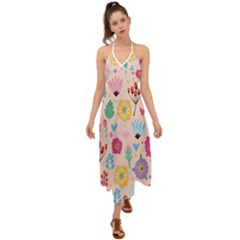 Tekstura-fon-tsvety-berries-flowers-pattern-seamless Halter Tie Back Dress  by Sobalvarro