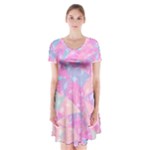 Pink Blue Peach Color Mosaic Short Sleeve V-neck Flare Dress