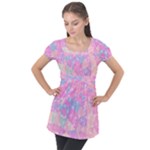 Pink Blue Peach Color Mosaic Puff Sleeve Tunic Top