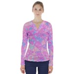 Pink Blue Peach Color Mosaic V-Neck Long Sleeve Top