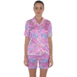 Pink Blue Peach Color Mosaic Satin Short Sleeve Pyjamas Set