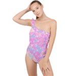 Pink Blue Peach Color Mosaic Frilly One Shoulder Swimsuit