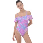 Pink Blue Peach Color Mosaic Frill Detail One Piece Swimsuit