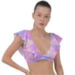 Pink Blue Peach Color Mosaic Plunge Frill Sleeve Bikini Top