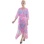Pink Blue Peach Color Mosaic Quarter Sleeve Wrap Front Maxi Dress