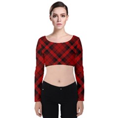 Red And Black Plaid Stripes Velvet Long Sleeve Crop Top by SpinnyChairDesigns