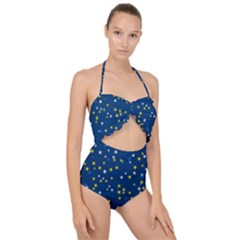 White Yellow Stars On Blue Color Scallop Top Cut Out Swimsuit by SpinnyChairDesigns