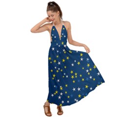 White Yellow Stars On Blue Color Backless Maxi Beach Dress