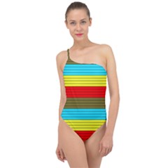 Multicolor With Black Lines Classic One Shoulder Swimsuit by tmsartbazaar